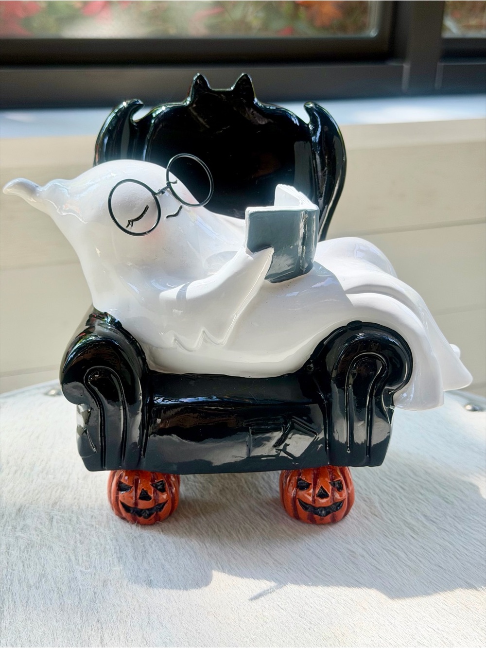 TikTok Viral Ghost Reading Book In Chair Figure Halloween Decor Black White NWOT